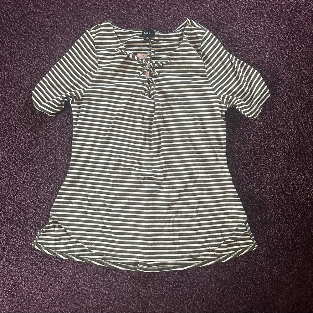 Torrid Green and White Striped Tunic with Lace-Up Front
